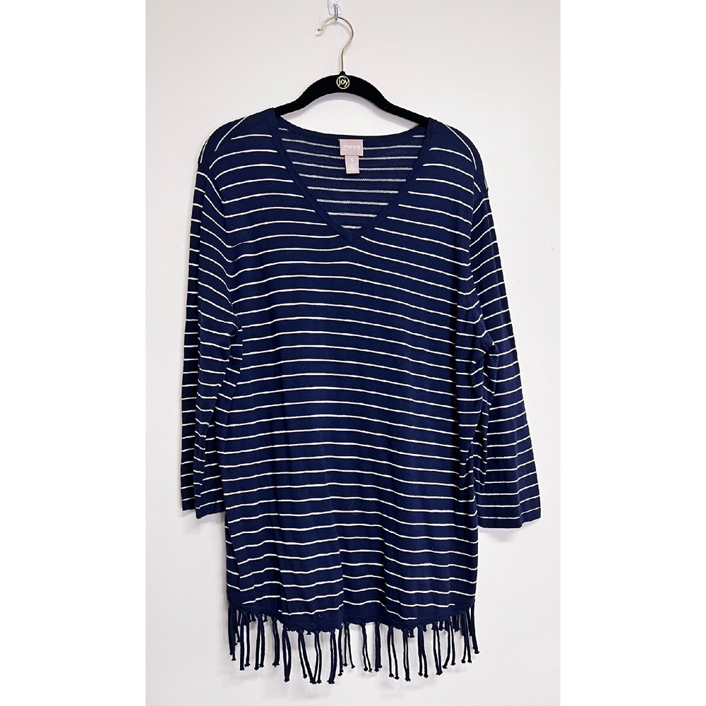 Chico's Women Casual Striped Pattern Long Sleeve Blouse V-Neck Navy Blue Size XL